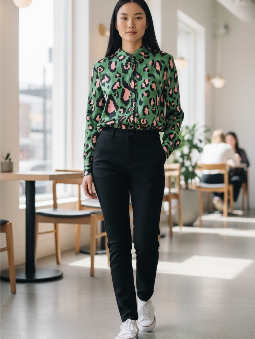 Lg I Love Black and Green Patterned Blouse